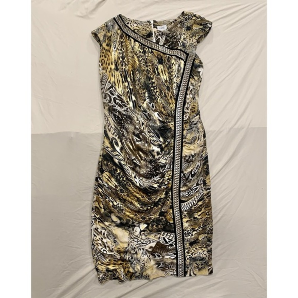 Y2K Cache Animal Print‎ Bodycon Dress XL Ruched Side Sleeveless Spandex USA Made